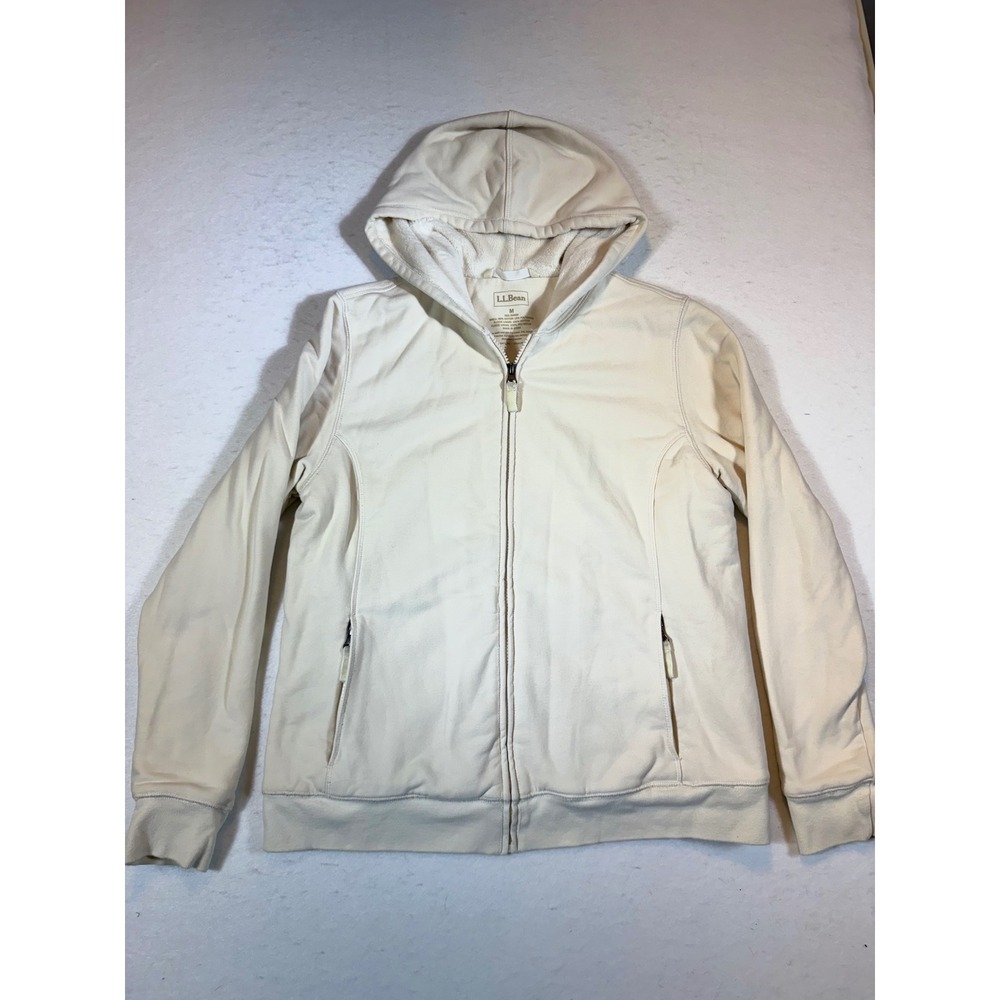 LL Bean Women Cream Fleece Lined Zip Up Hoodie Jacket Size M Casual Outdoor